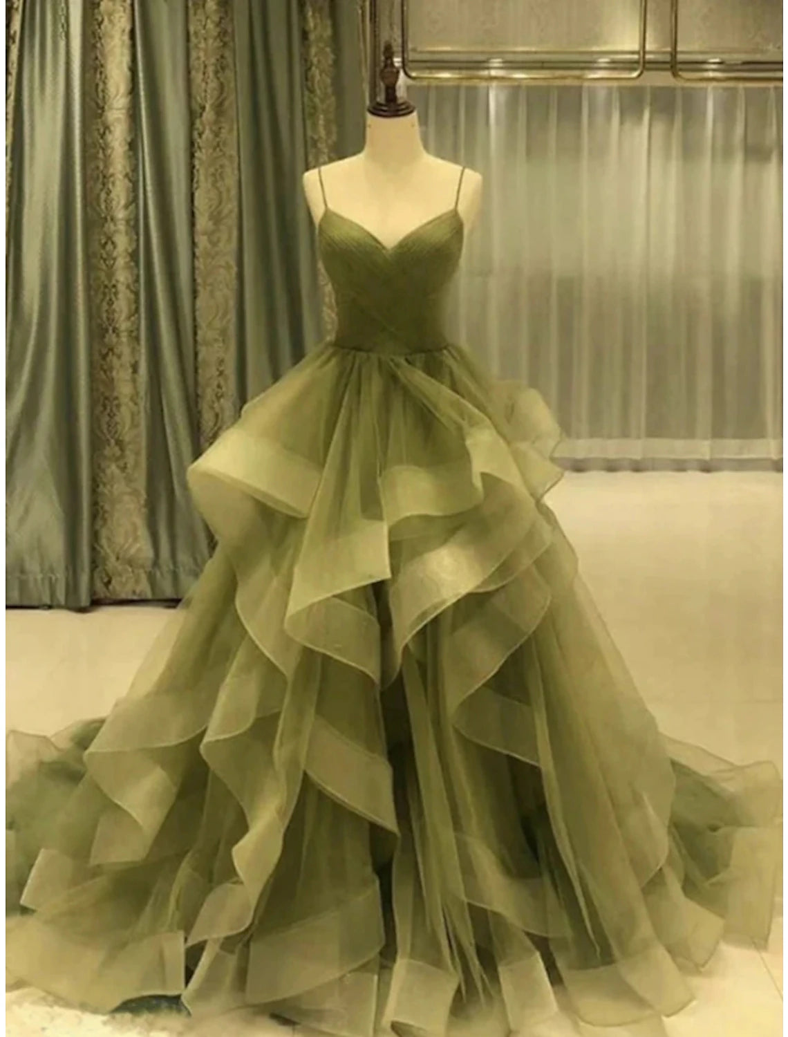 Wholesale A-Line Prom Dresses Elegant Dress Formal Court Train Red Green Dress Sleeveless Spaghetti Strap Tulle with Pleats Ruffles